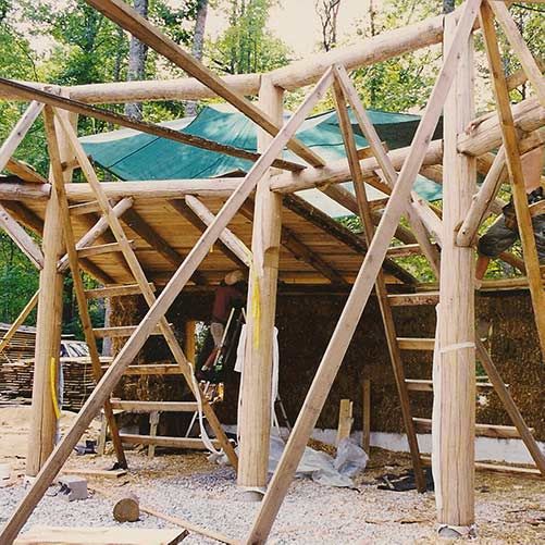 Building the straw bale "wings" for the Earthaven Ecovillage Council Hall