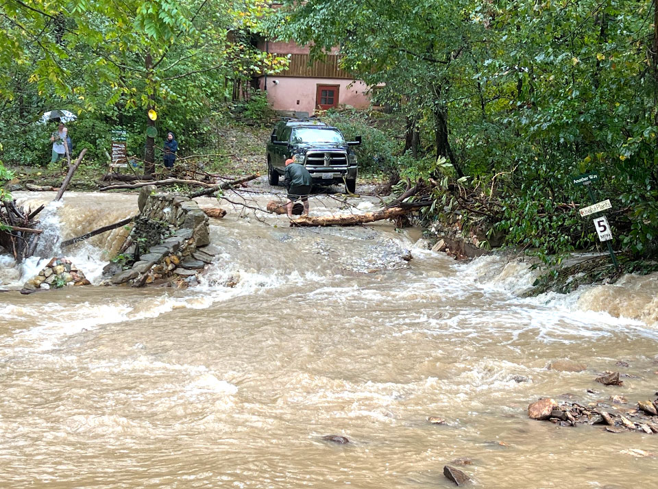 Earthaven crystal bridge during Hurricane Helene